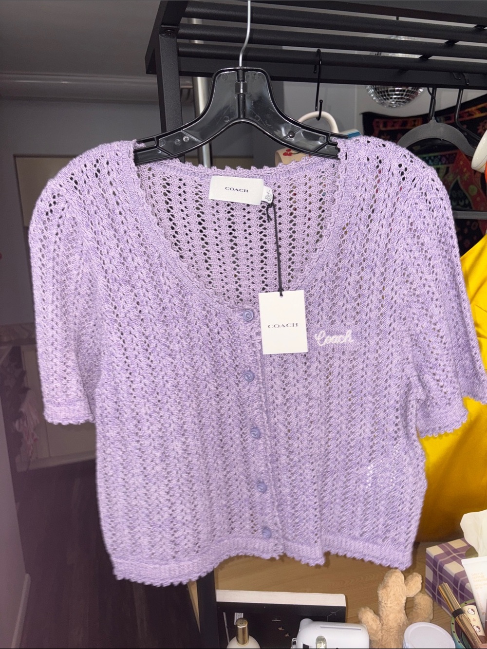 Coach Lilac Open-Knit Short Sleeve Cardigan